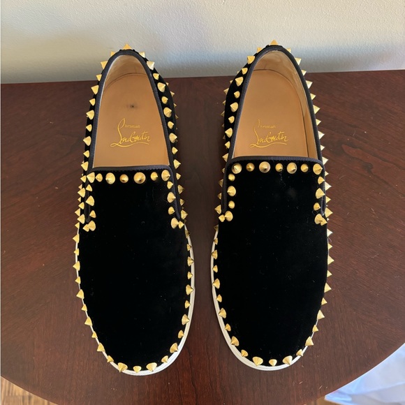 Christian Louboutin Pik Boat Sneakers in Black Velvet with Gold Spikes - Picture 4 of 12